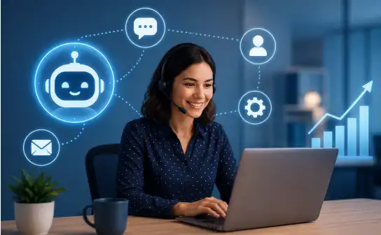 Support agent working alongside AI assistant icons