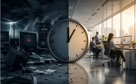 Split scene: office outage chaos vs. a calm working office