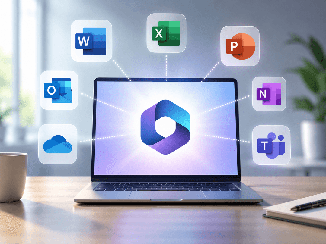 Laptop surrounded by Microsoft 365 app icons